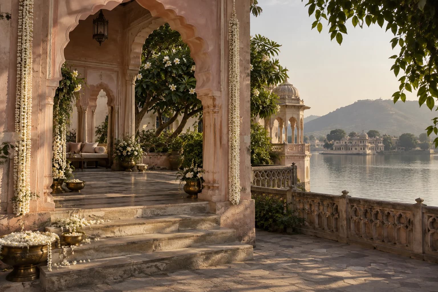 Flower-trimmed haveli arches overlooking a lake in warm afternoon light