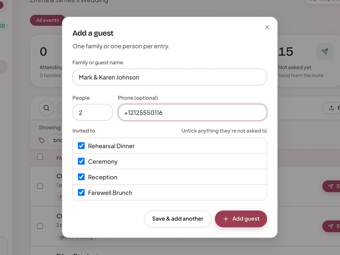 The Add a guest form with a family name, two people, a phone number, and four events to tick