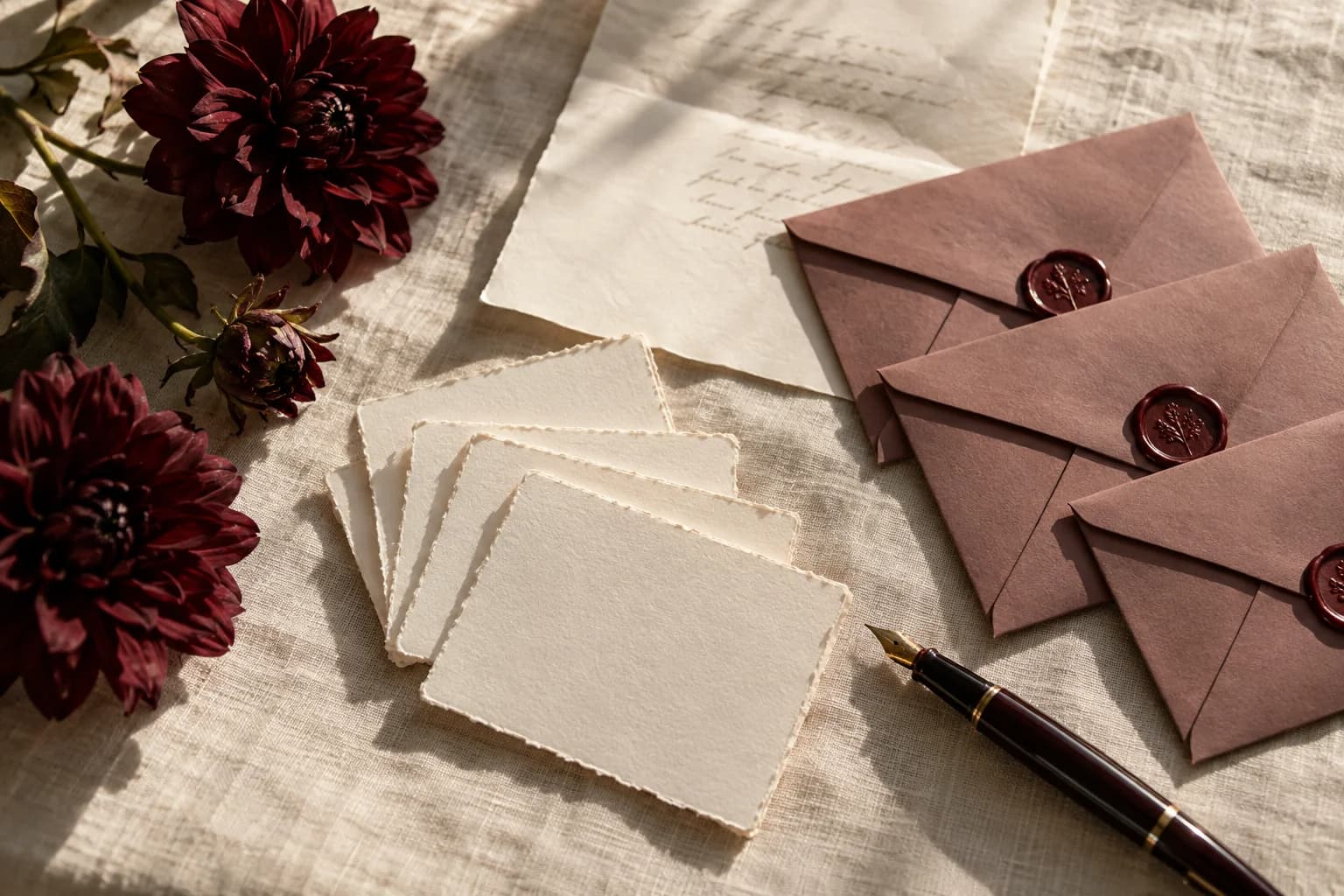Blank place cards, a handwritten list, and rose envelopes with wax seals on linen beside burgundy dahlias