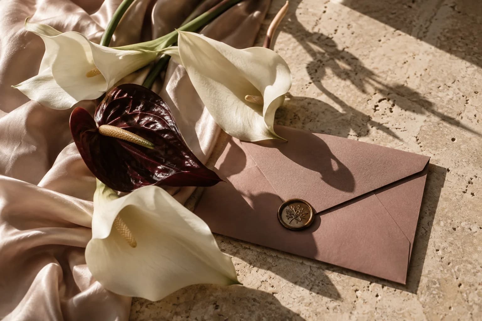 Calla lilies and a rose envelope with a wax seal in afternoon sunlight