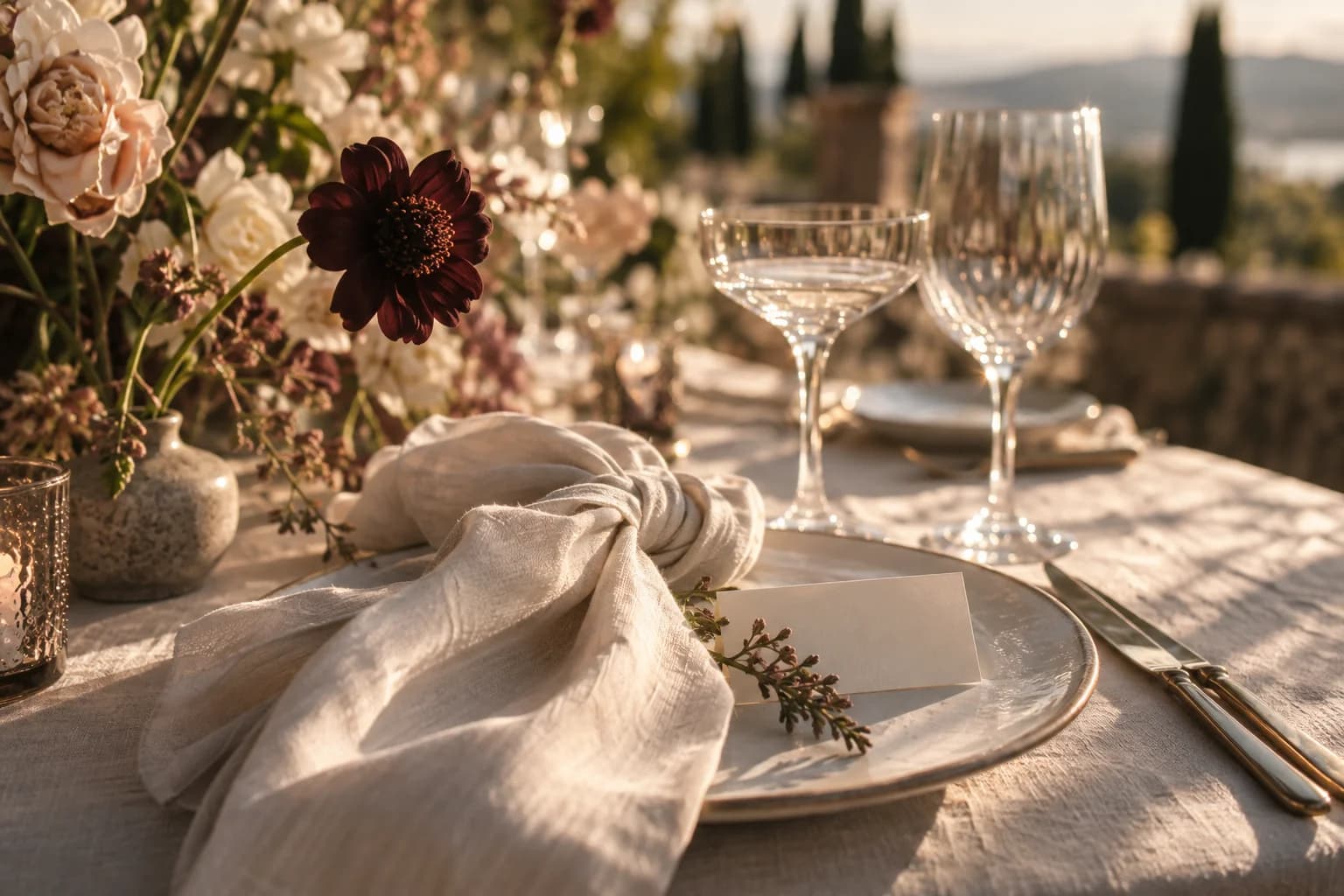 An intimate wedding place setting with linen, flowers, and delicate glassware