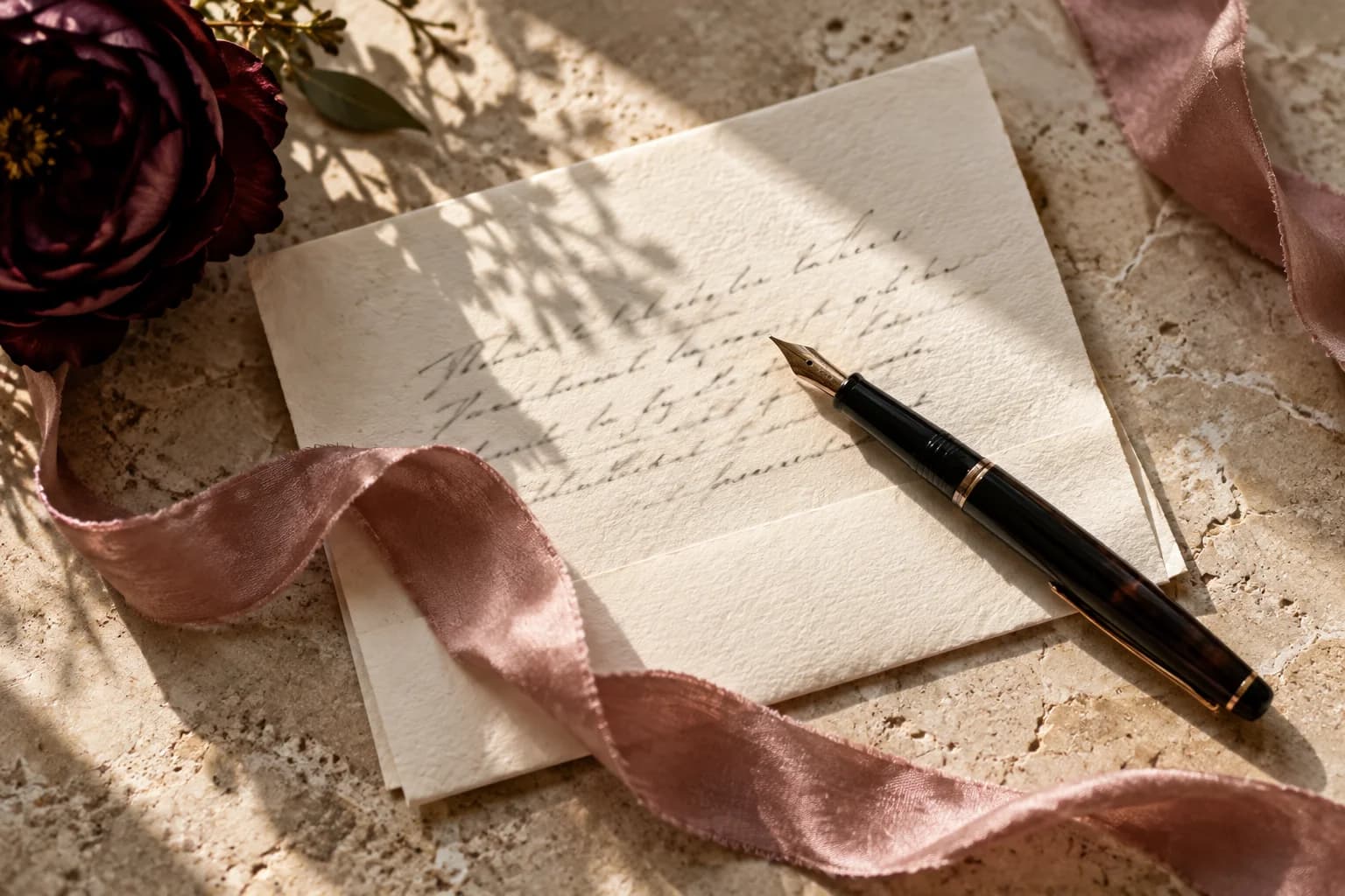 A handwritten letter, fountain pen, and rose silk ribbon on stone