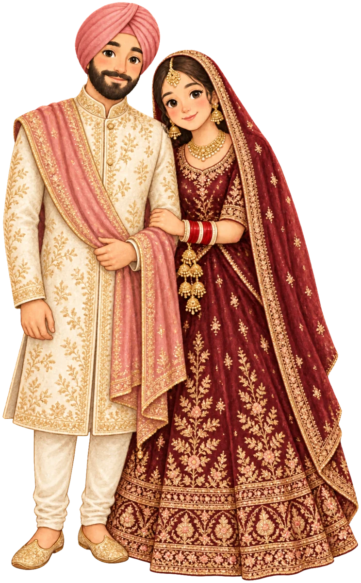 Illustration: a smiling bride and groom standing close together, she in a maroon lehenga with her dupatta over her head holding his arm, he in an ivory sherwani with a rose dastaar and palla