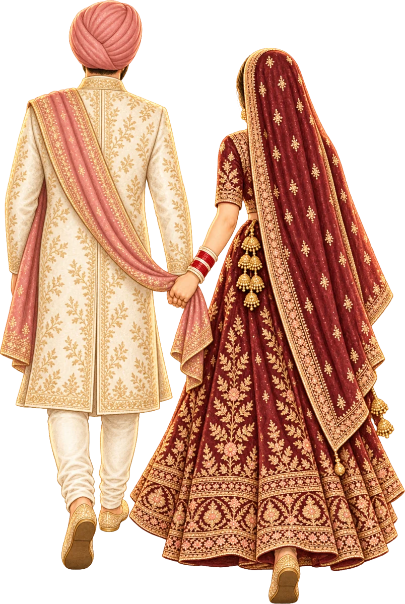 Illustration: the couple seen from behind, walking hand in hand toward the Gurdwara; the bride in a maroon Punjabi suit with her dupatta over her head holds the end of the groom's rose palla, the groom in an ivory sherwani and a rose dastaar