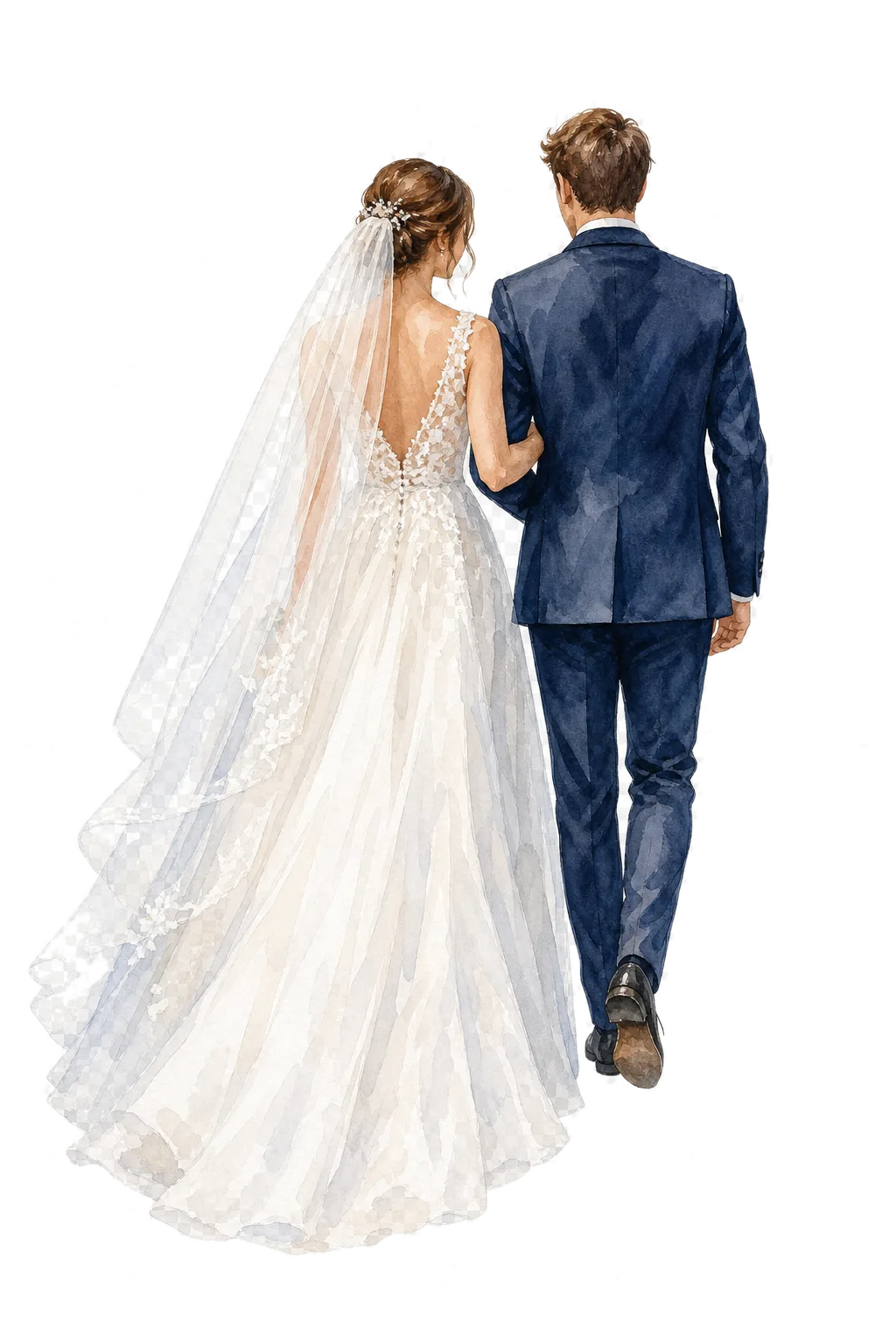 Una pareja camina del brazo hacia el castillo